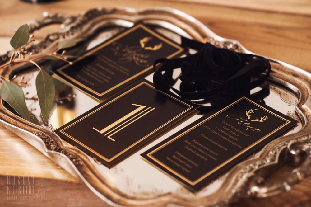 Набор изысканной свадебной полиграфии в черно-золотой гамме